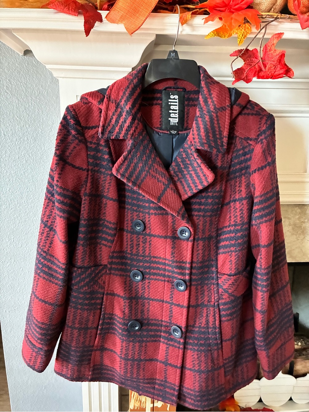Red Plaid Double-Breasted Peacoat